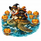 Halloween Dog and Cat Riding a Sea Turtle Adventure