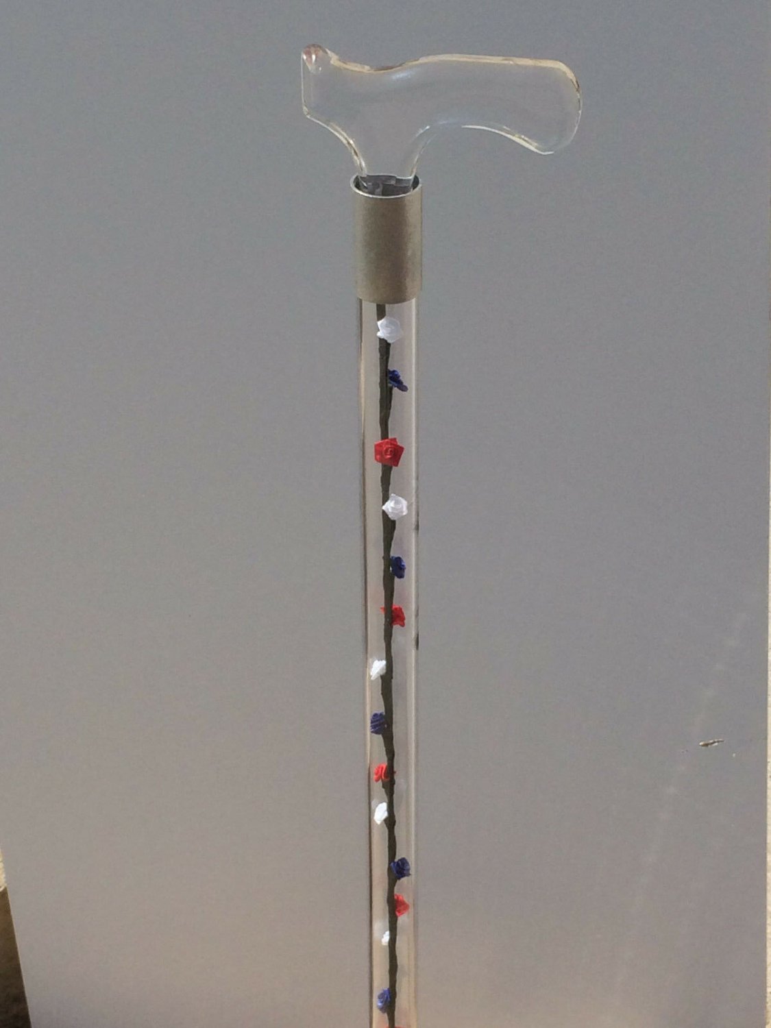Walking cane acrylic red white blue rose flowers lucite elegant designer