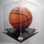 Basketball Display Case acrylic with two-tier black base. Gold corner risers NBA