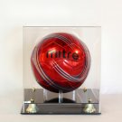 Soccer ball display case acrylic with two-tier black base. Gold corner risers