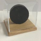 Hockey puck display case with hardwood oak base memorabilia NHL