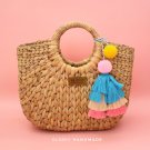 Handmade Water Hyacinth Bag With Free Pompom, Handwoven Straw Bag, Boho Bohemian Bag, Top handle Bag