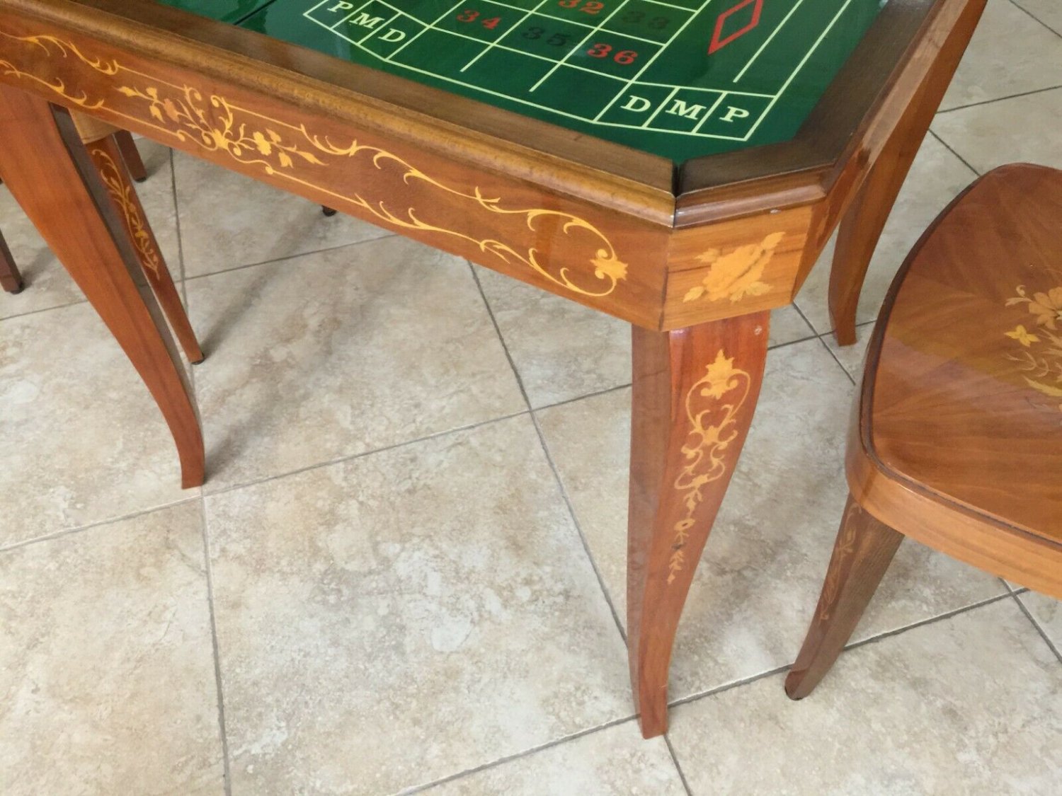 Vintage Italian Inlaid Wooden Game Table w/2 Chairs, Made in Italy