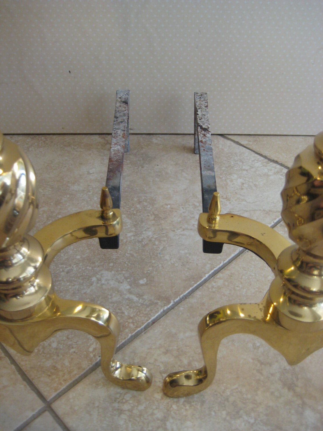 Pair Of Vintage Brass Fireplace Andirons, 20" Tall X 16" Deep, Weighs