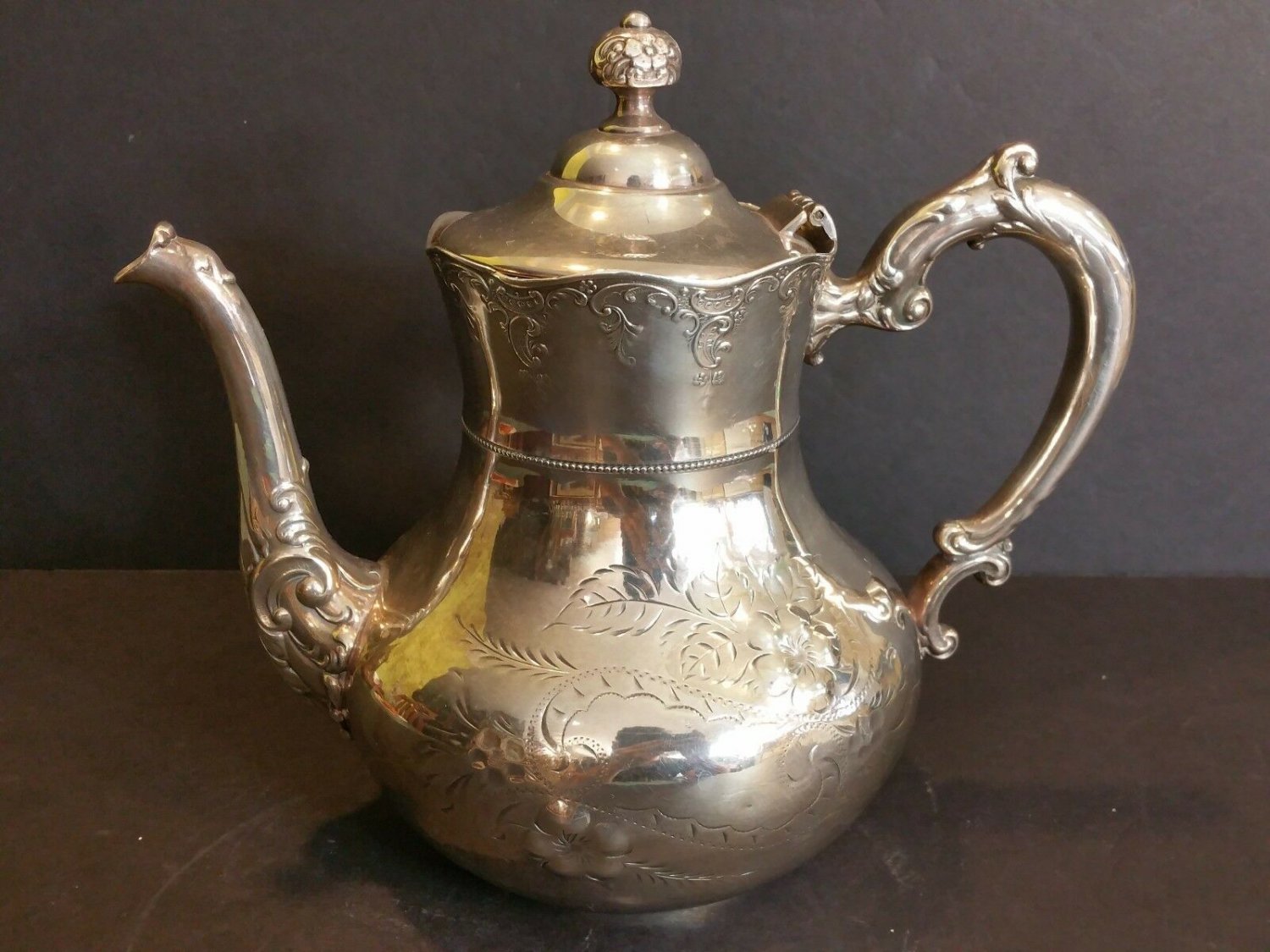 Mermod & Jaccard Jewelry Co. St. Louis Engraved Silverplate Teapot 8" Tall