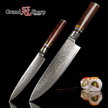 2 Pcs Damascus Knife Set Chef Utility Kitchen Knives Japanese vg10 Stainless NEW