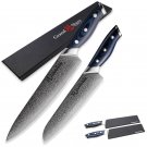 Knife Set 2-Piece Chef Santoku Kitchen Knives Japanese Damascus Blue G10 Handle
