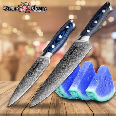 Kitchen Knife Set 2 pcs Chef's Knives Japanese Damascus Steel Blue Handle Tools