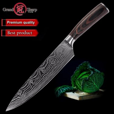 Chef knife high carbon stainless steel sanding laser Damascus pattern kitchen knives