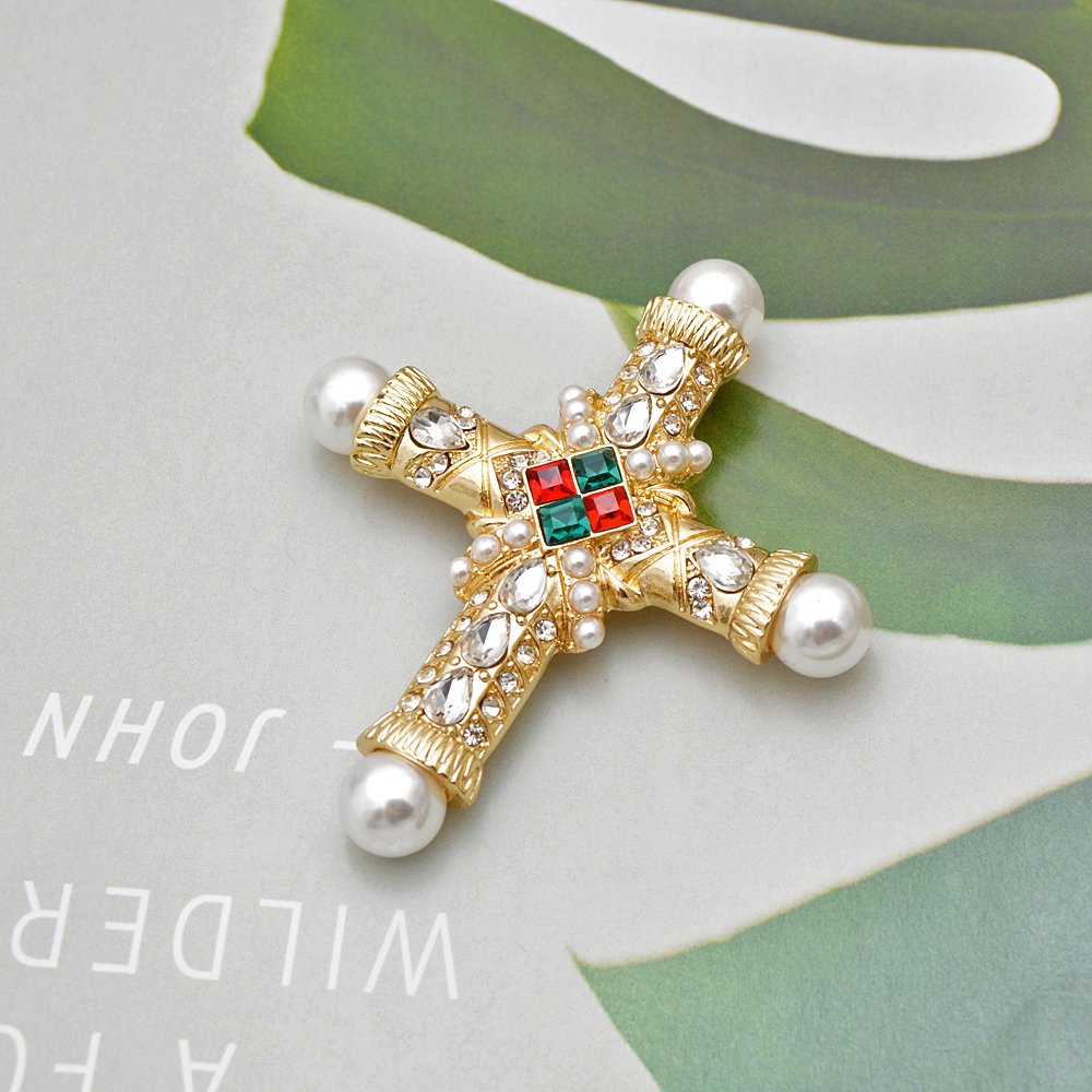 new arrival pearl rhinestone baroque cross brooch women and men unisex brooches pin