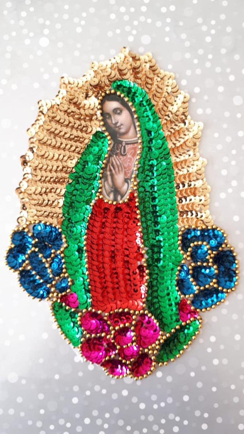 Guadalupe sequin patch, Our Lady Guadalupe Sequin Applique, Mexican Virgen de Guadalupe sequin patch
