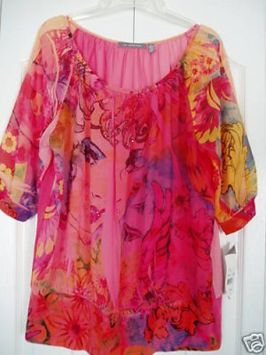 NY Collection Top Shirt Medium Print Beaded Sheer New