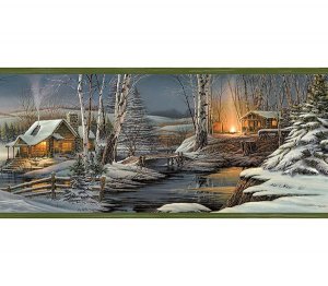 Green Winter Snow Evening Lodge Wallpaper Wall Border