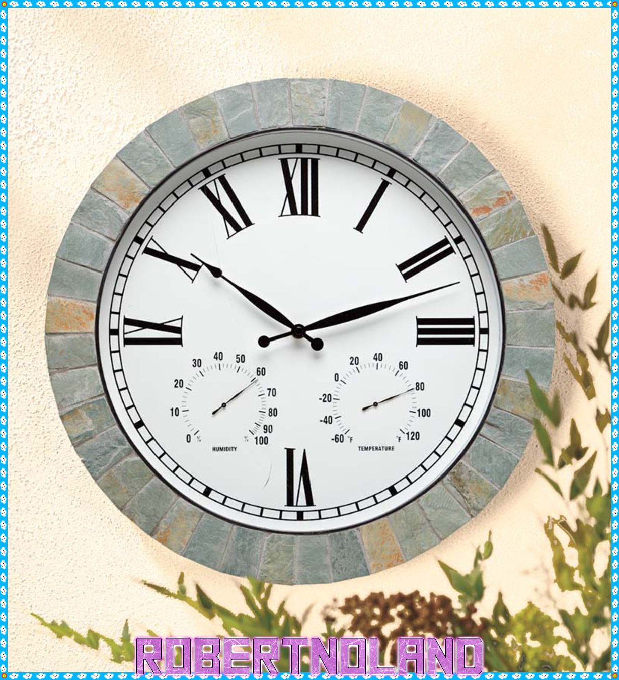 Natural Slate Framed Wall Clock with Temperature and Humidity, Wind & Weather CK6507