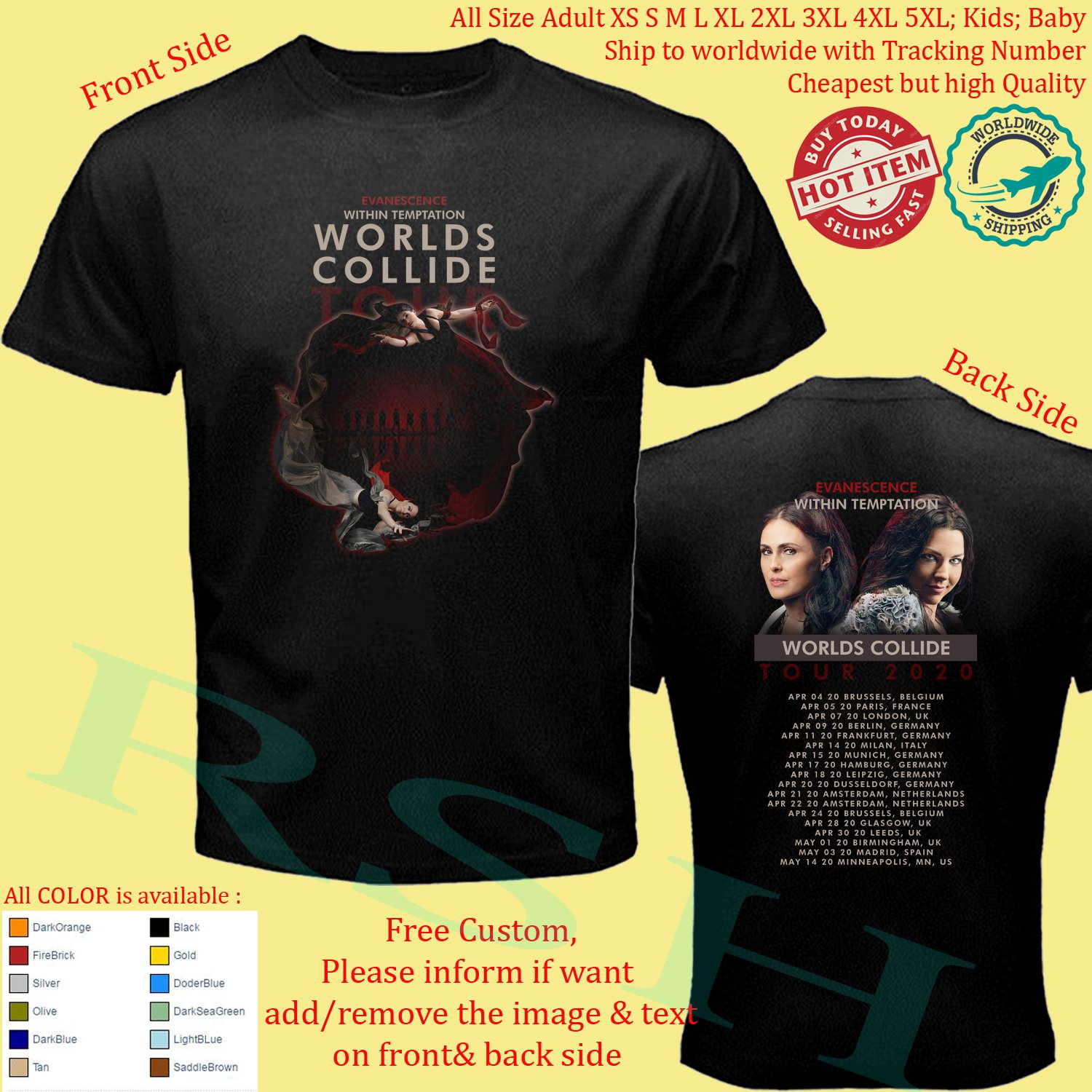 EVANESCENCE, WITHIN TEMPTATION WORLD COLLIDE TOUR 2020 Concert T-shirt S-5XL Kids Baby's Toddler