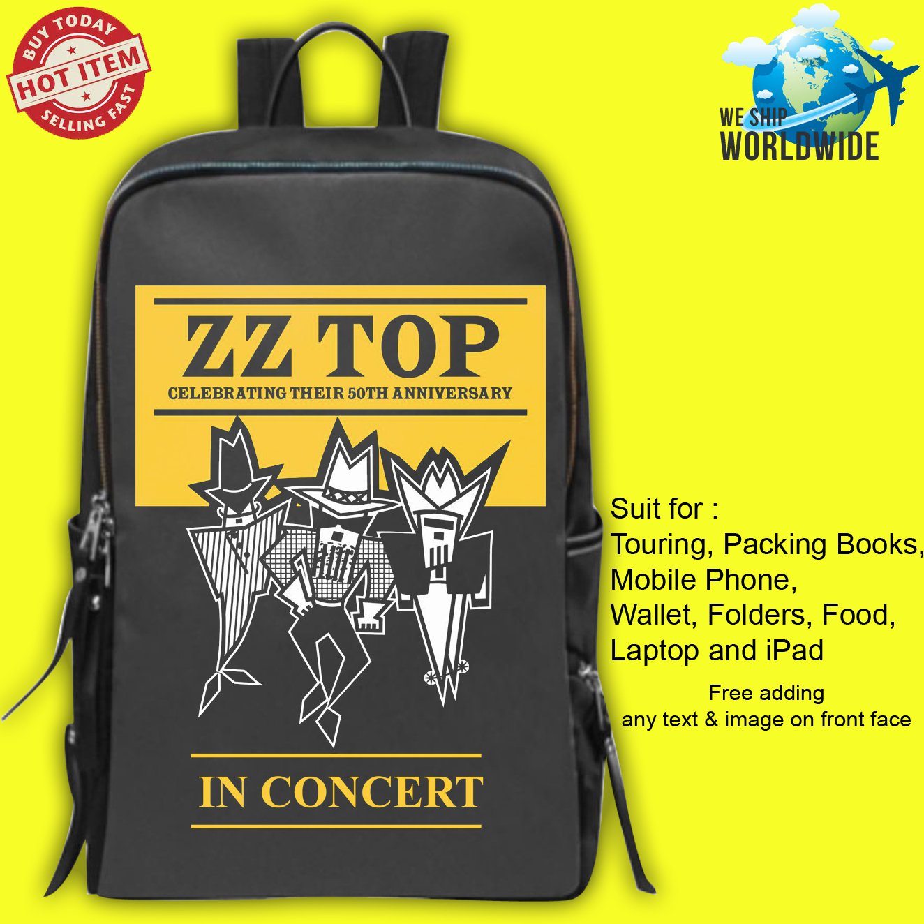 NEW ZZ TOP CELEBRATING THEIR 50TH ANIVERSARY TOUR Concert Album Backpack Bags