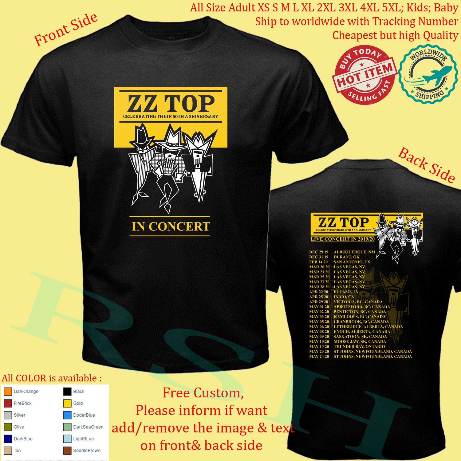 NEW ZZ TOP CELEBRATING THEIR 50TH ANIVERSARY TOUR 2020 Concert Album T-shirt S-5XL Kids Toddler
