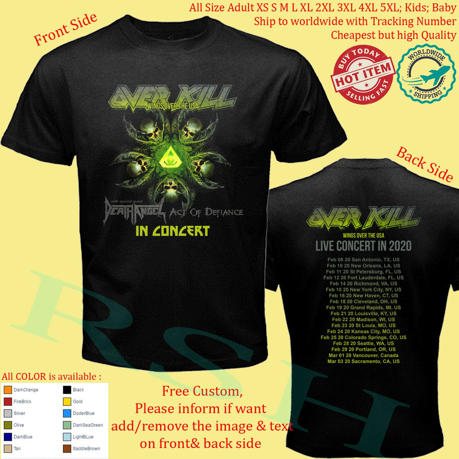 OVERKILL, DEATH ANGEL, ACT OF DEFIANCE WINDS OVER TOUR 2020 Concert Album T-shirt S-5XL Kids Toddler