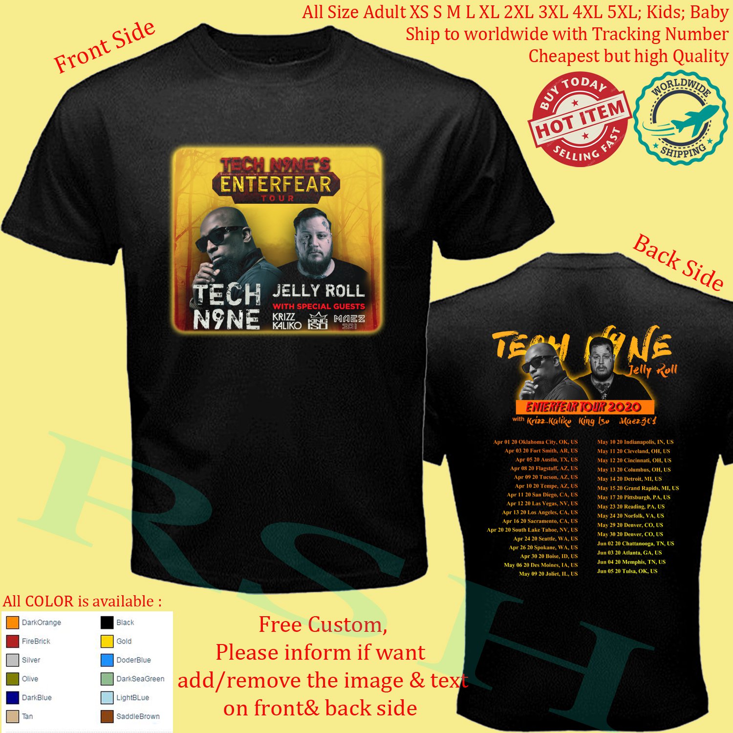 TECH N9NE, JELLY ROLL, KRIZZ KALIKO, KING ISO, MAEZ 301 ENTERFEAR TOUR 2020 T-shirt S-5XL Kids