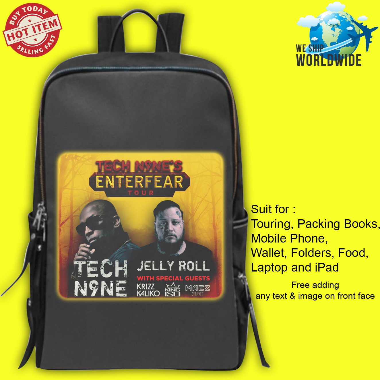 TECH N9NE, JELLY ROLL, KRIZZ KALIKO, KING ISO, MAEZ 301 ENTERFEAR TOUR Concert Album Backpack Bags