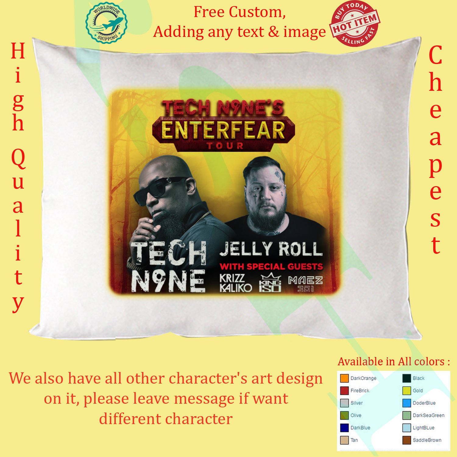 TECH N9NE, JELLY ROLL, KRIZZ KALIKO, KING ISO, MAEZ 301 ENTERFEAR TOUR Concert Album Pillow Cases