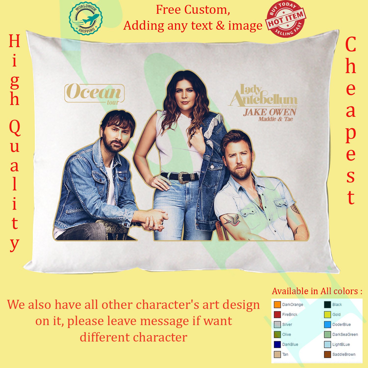 LADY ANTEBELLUM, JAKE OWEN, MADDIE & TAE OCEAN TOUR Concert Album Pillow Cases