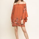 OFF SHOULDER BELL SLEEVE DRESS WITH FLORAL EMBROIDERY-Size Medium