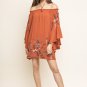 OFF SHOULDER BELL SLEEVE DRESS WITH FLORAL EMBROIDERY-Size Medium