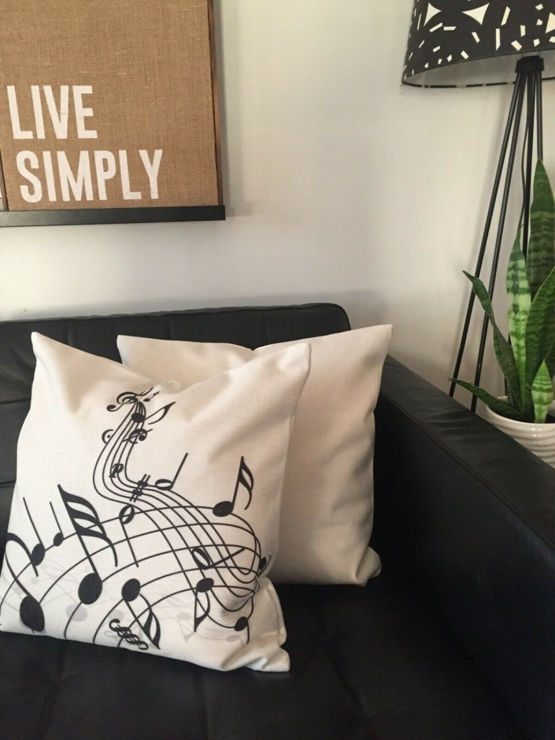 handmade black and white MUSICAL notes pattern cushion cover pillowcase
