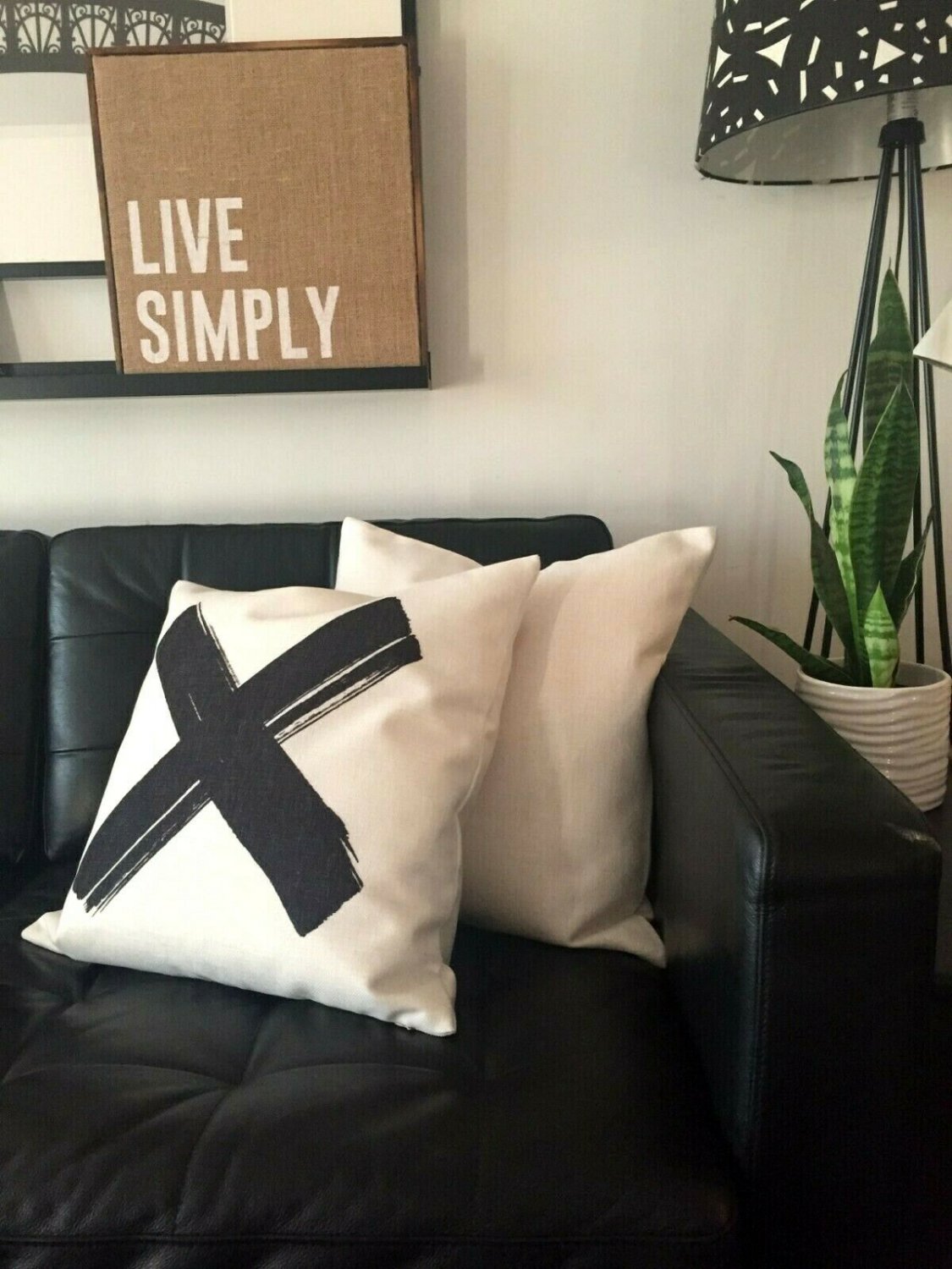 handmade black and white X cotton and polyester cushion cover