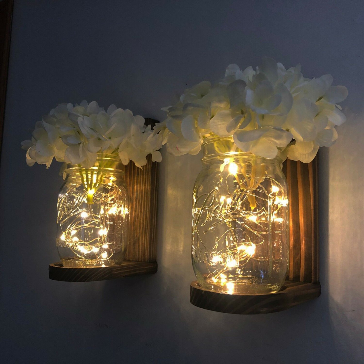 Lighted Mason Jar Wall Sconce with LED Fairy Lights White Hydrangeas Handmade