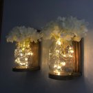 Lighted Mason Jar Wall Sconce with LED Fairy Lights White Hydrangeas Handmade
