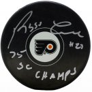 Reggie Leach Signed Philadelphia Flyers Logo Puck 75 SC Champs Inscribed JSA