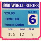 1980 World Series Game 6 Terrace Box Ticket Stub Phillies vs Royals