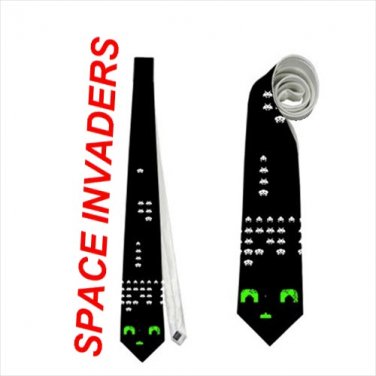 Necktie space inviders nerd geek gear convention retro pixel fun office tie