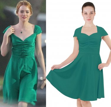 Cap Sleeve Midi Dress as Emma Stone La la land cosplay Halloween costume green