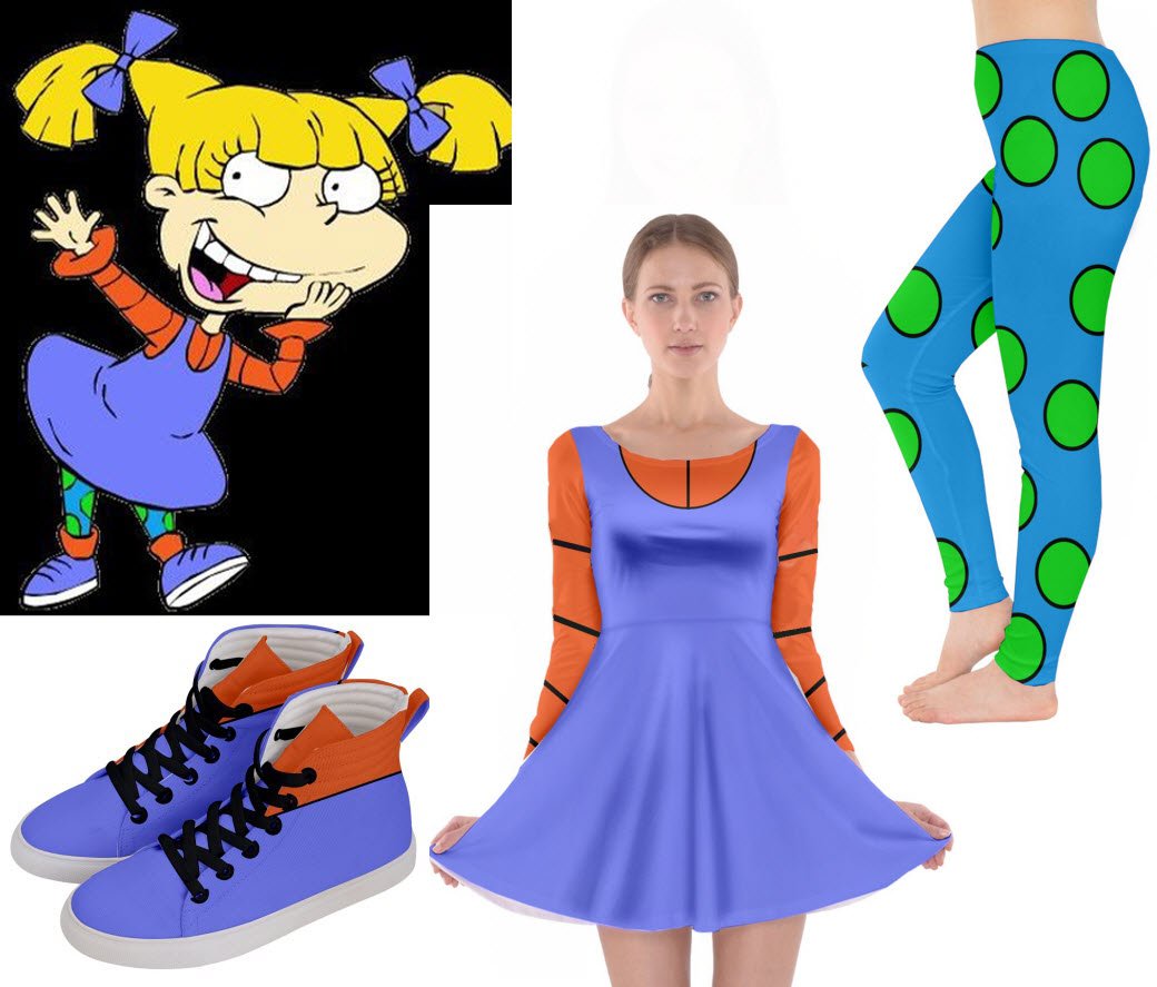 Cosplay As Angelica Pickles Rugrats Long Sleeve Dress Shoes Costume Leggings 