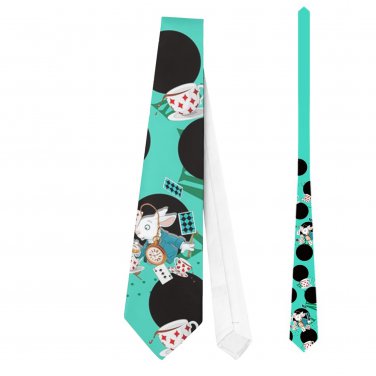 Necktie Tie white rabbit alice in wonderland tea cups playing cards