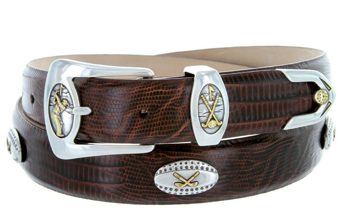 Bellerive Mens Italian Calfskin Leather Golf Concho Dress Belt Size 54 Lizard Brown