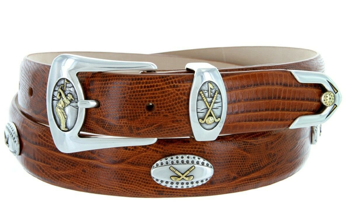 Bellerive Mens Italian Calfskin Leather Golf Concho Dress Belt Size 48 Lizard Tan