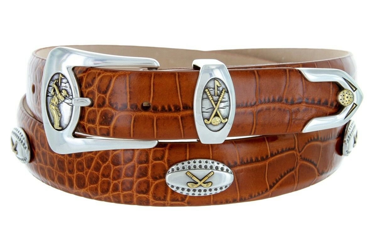 Bellerive Mens Italian Calfskin Leather Golf Concho Dress Belt Size 38 Alligator Tan