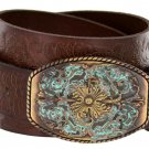 Western Floral Engraved Patina Buckle Tooled Full Grain Leather Belt 1-1/2" wide Size 34 Brown