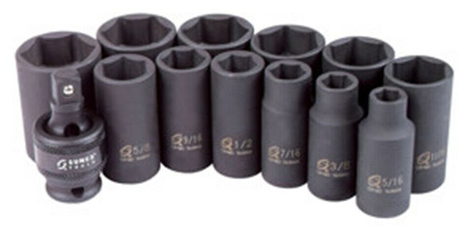 SUNEX TOOL 13 Piece 3/8" Drive FractionalSemi-Deep Impact Socket Set SU3327