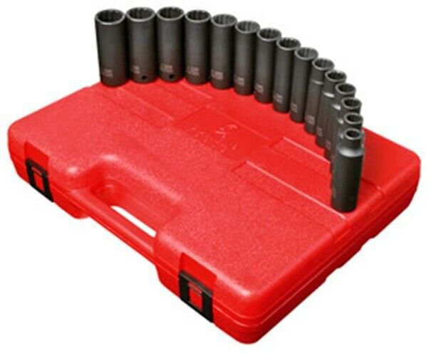 SUNEX TOOL 15 Piece  1/2" Drive 12 Point Deep Impact Socket Set SU2672
