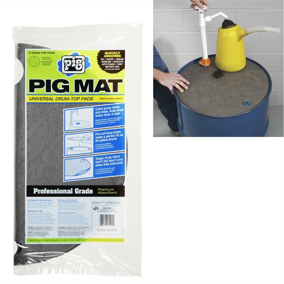 New Pig 55 Gallon Drum Lid / Top Absorbent Pad Pig Mat (5 Pads per Bag)