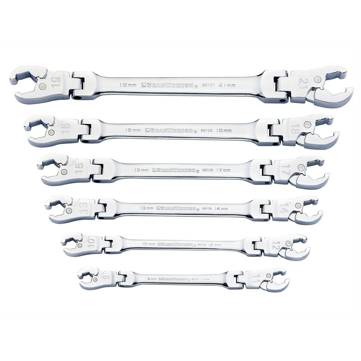 GearWrench 89101D Ratcheting Jaw Open End Flex Head Flare Nut Wrench Set Metric