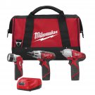 Milwaukee M12 Cordless 3/8" Impact Wrench, 1/4" Drill Bit Driver  2 Batteries