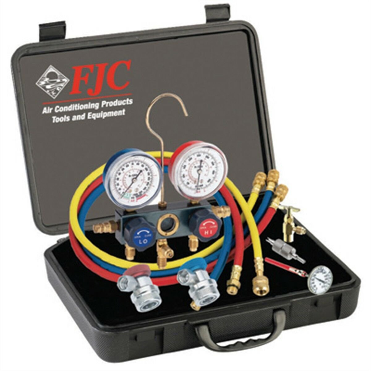 FJC 6785 R134a Aluminum Manifold Set w/ 72" Hoses Manual Coupler and Thermometer