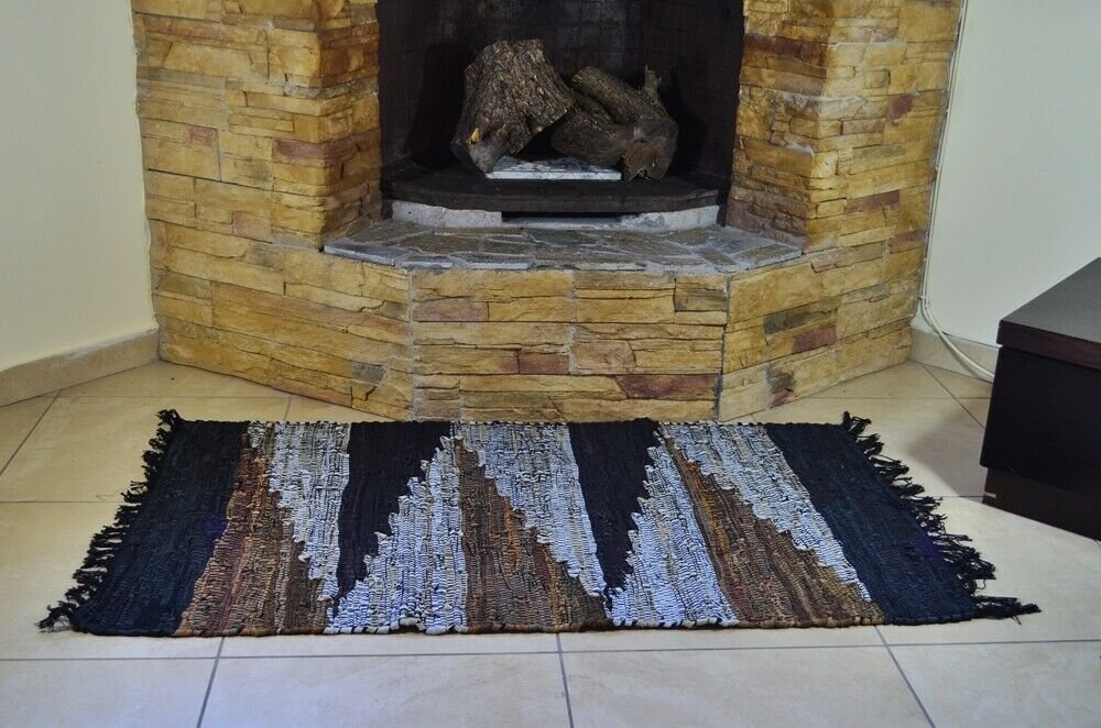 Leather Rug Blue Brown Beige Geometric Fireplace Sparks Resistant and Protection