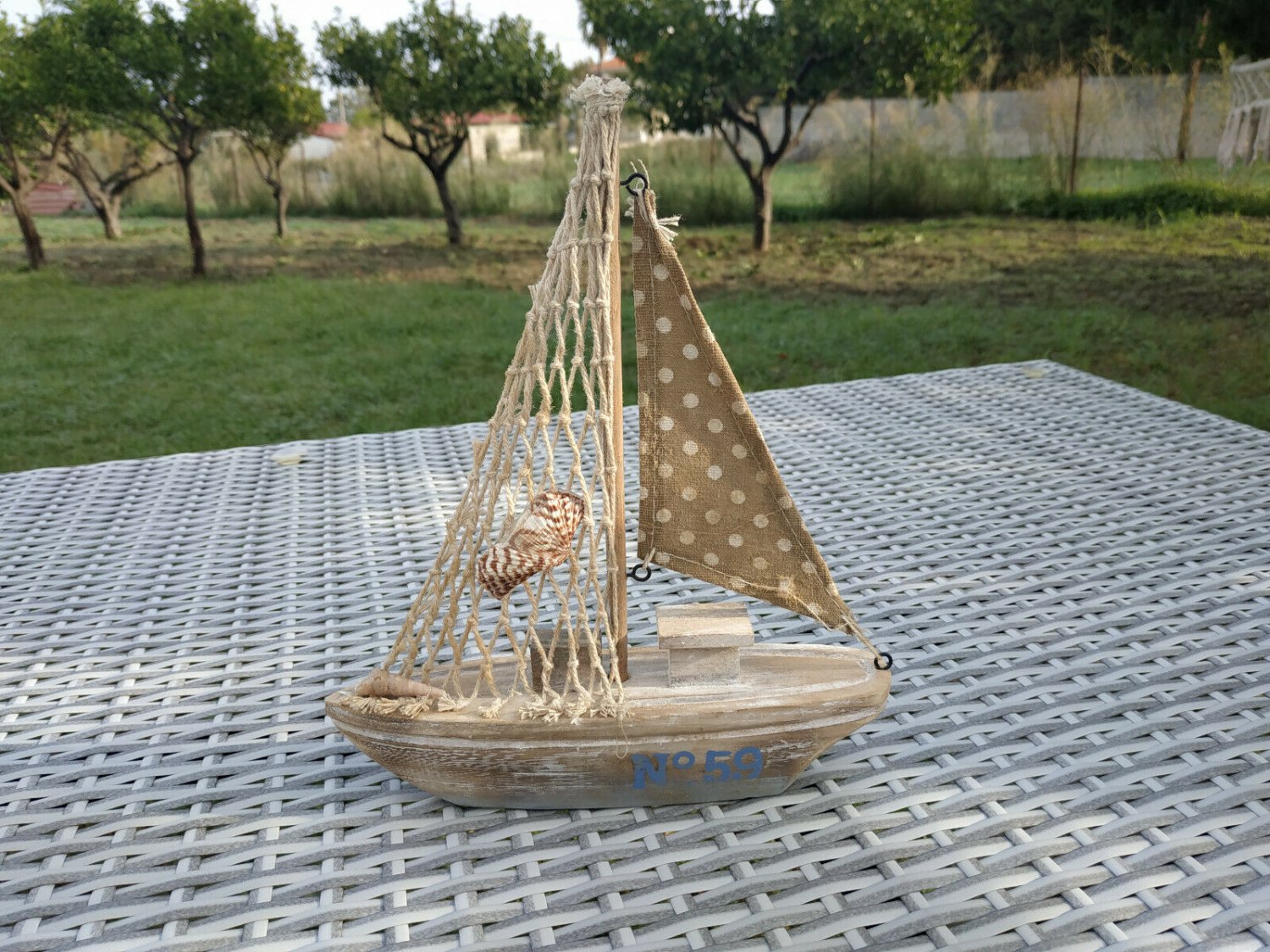 Wooden Boat Brown Blue White with Net and Shells Handmade Nautical Decor